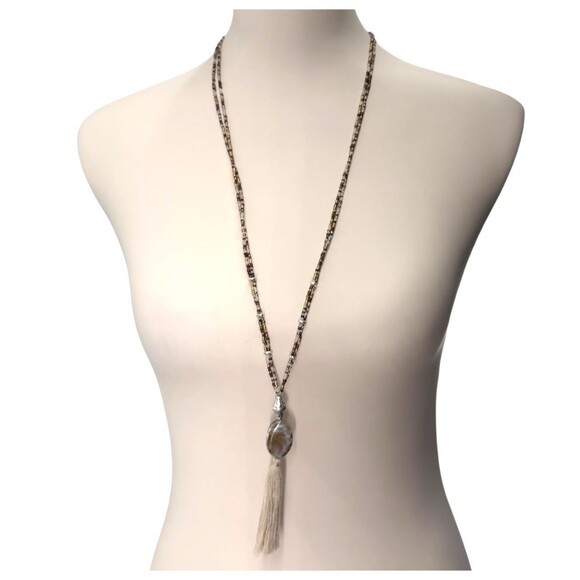 J. Jill Multi-Beaded Strand Necklace Long Agate Pendant Tassel Statement Metal - Picture 8 of 10